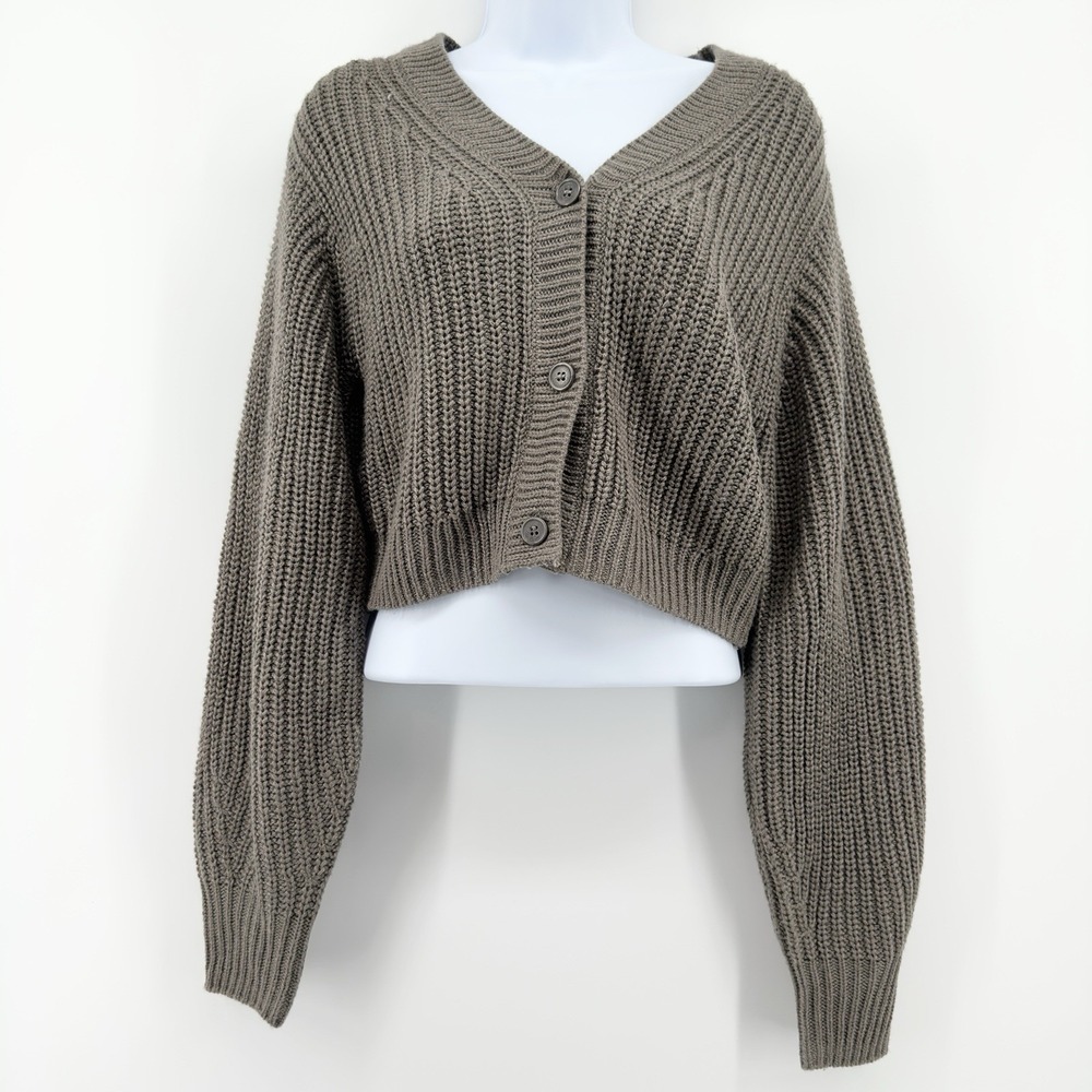 Divided H&M Chunky Knit Button Up Cropped Gray Ribbed‎ Sweater Size XS